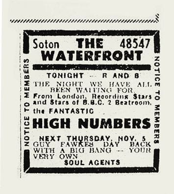 Ad for the "High Numbers" show at The Waterfront on October 31, 1964
