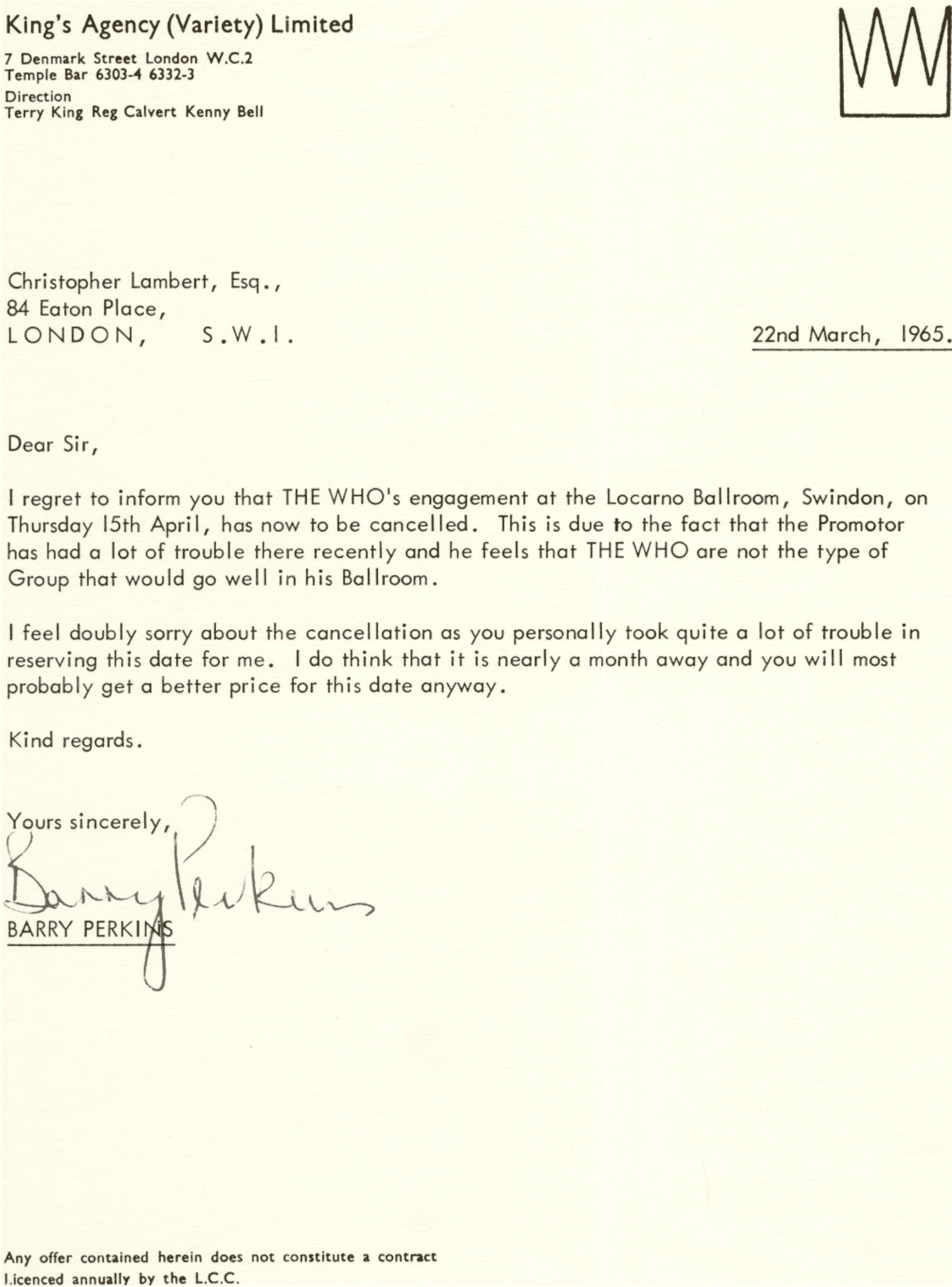 Letter to "Christopher Lambert" cancelling The WHo's April 15, 1966 concert in Swindon