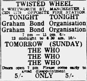 Ad for The Who on October 3, 1965 at "Twisted Wheel" in Manchester