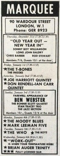Ad for The Who at the Marquee Club in London on January 1st, 1965