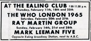 Ad for The Who's appearances at the Ealing Club on February 11, 18 & 25, 1965