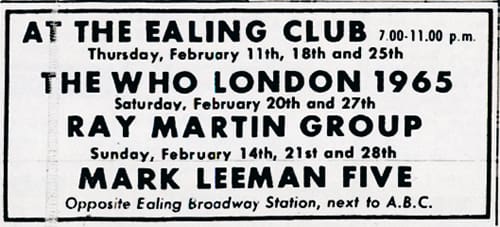 Ad for The Who's appearances at the Ealing Club on February 11, 18 & 25, 1965