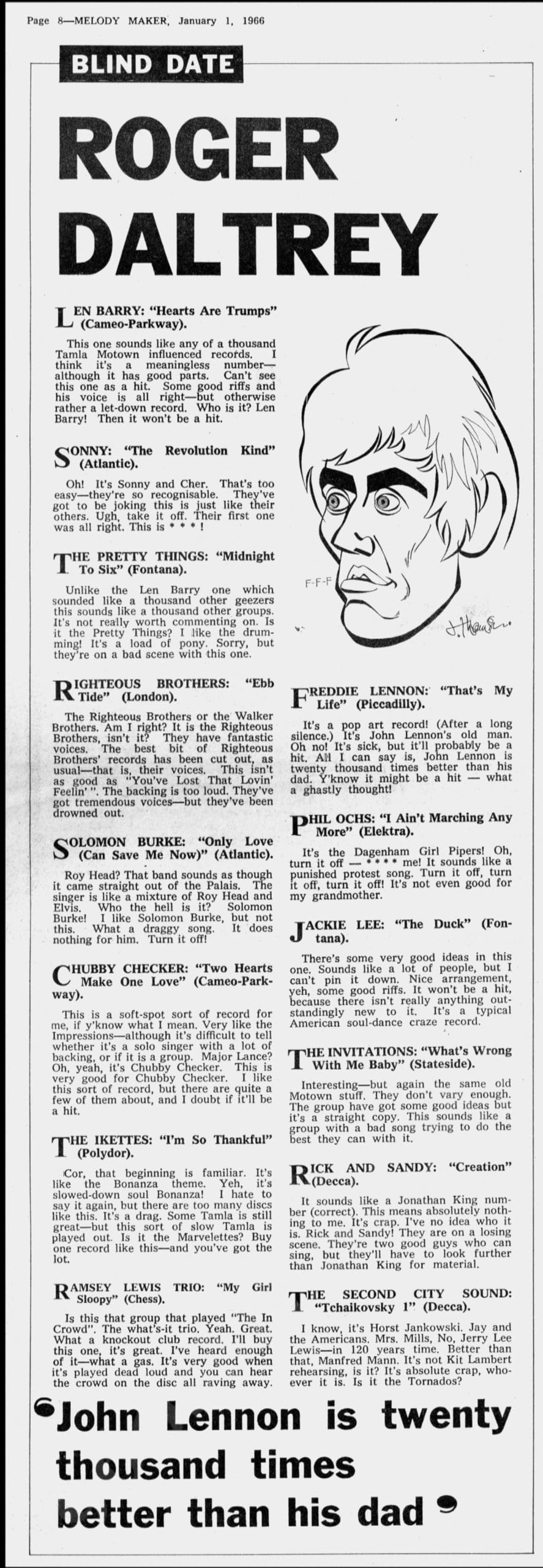 Roger Daltrey's Blind Date in Melody Maker from January 1, 1966