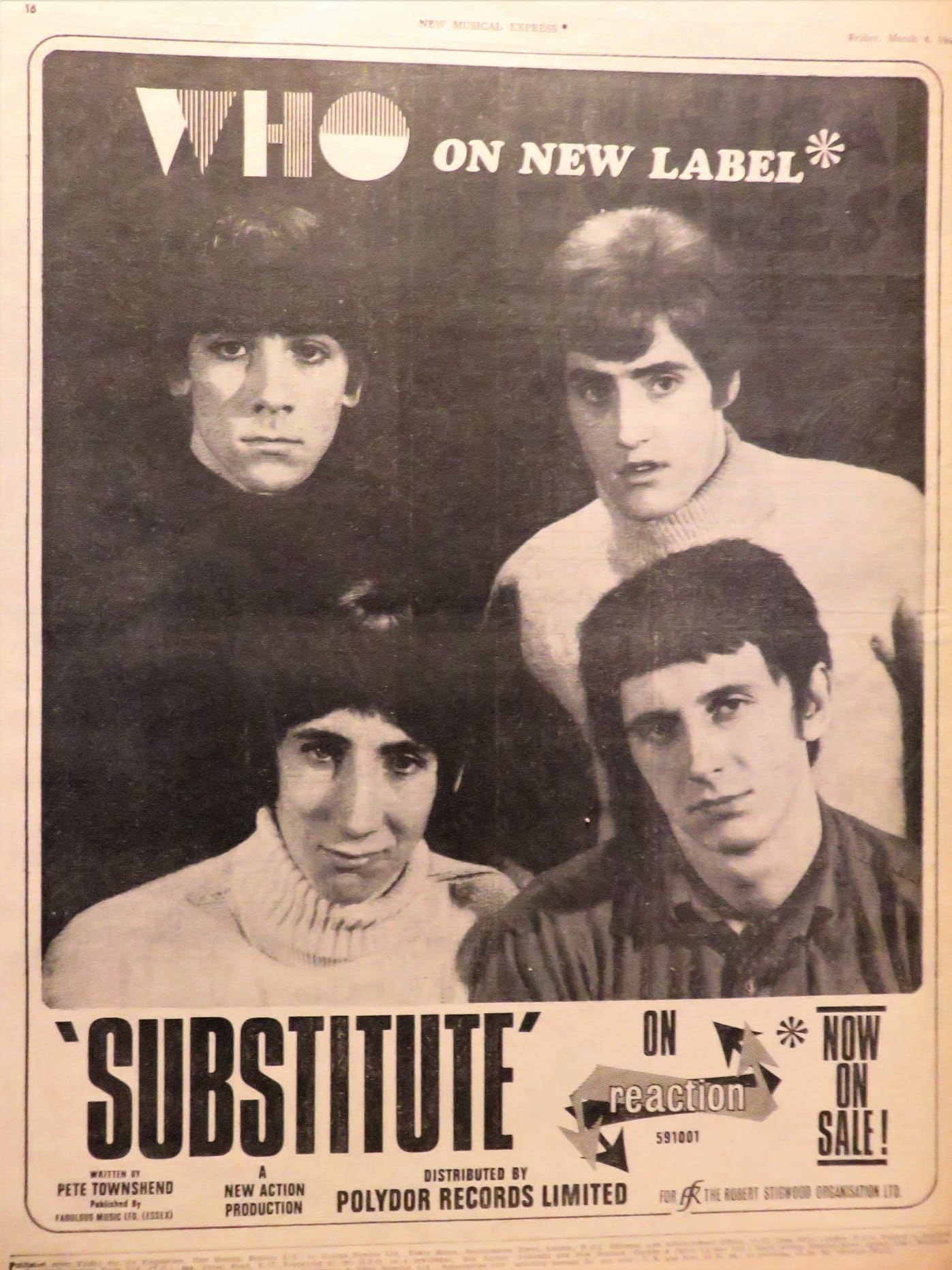 Ad for The Who's Substitute from New Musical Express on March 4, 1966