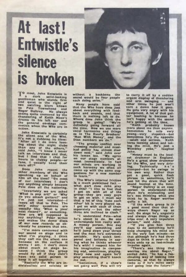 Melody Maker article on John Entwistled from April 16, 1966