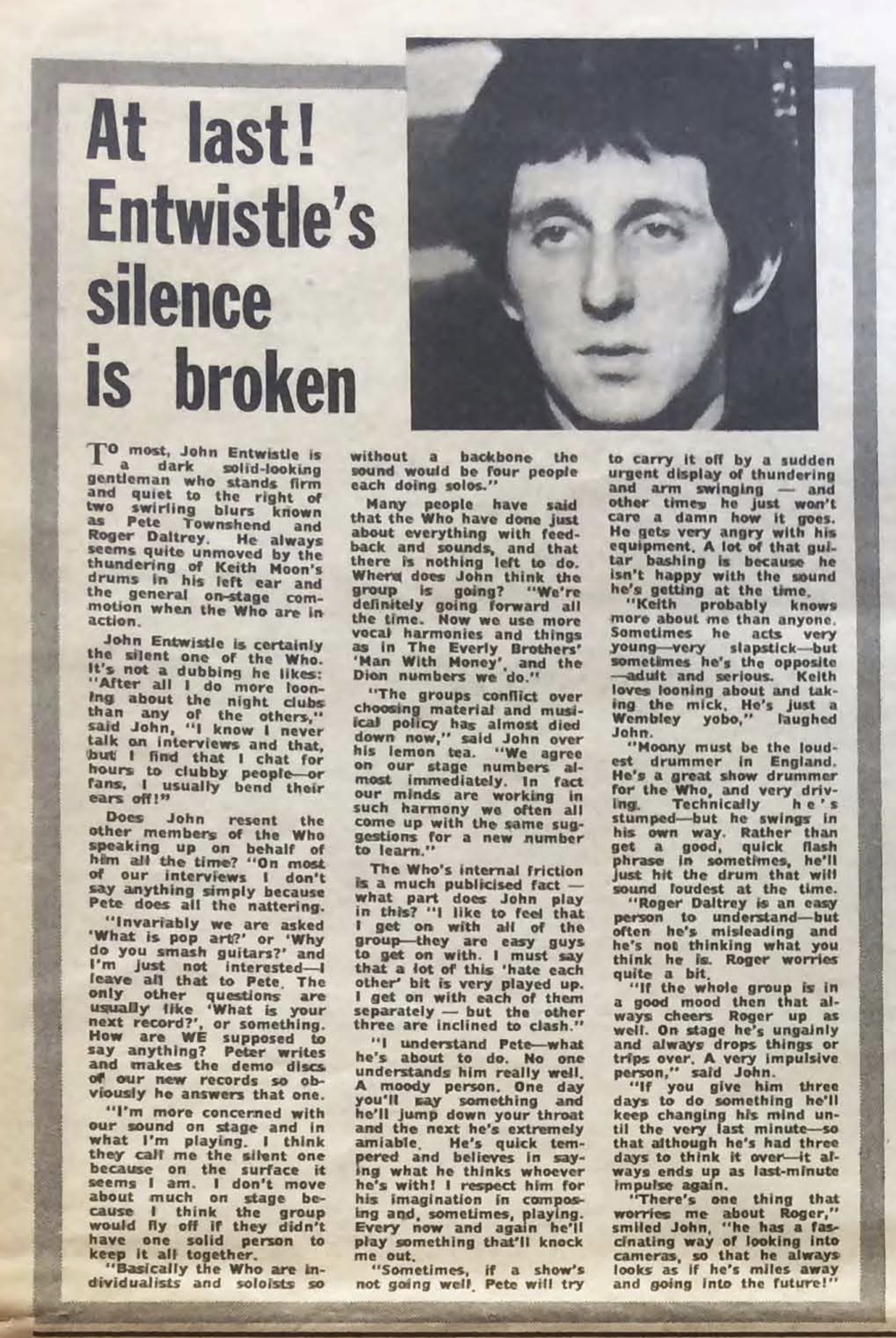 Melody Maker article on John Entwistled from April 16, 1966
