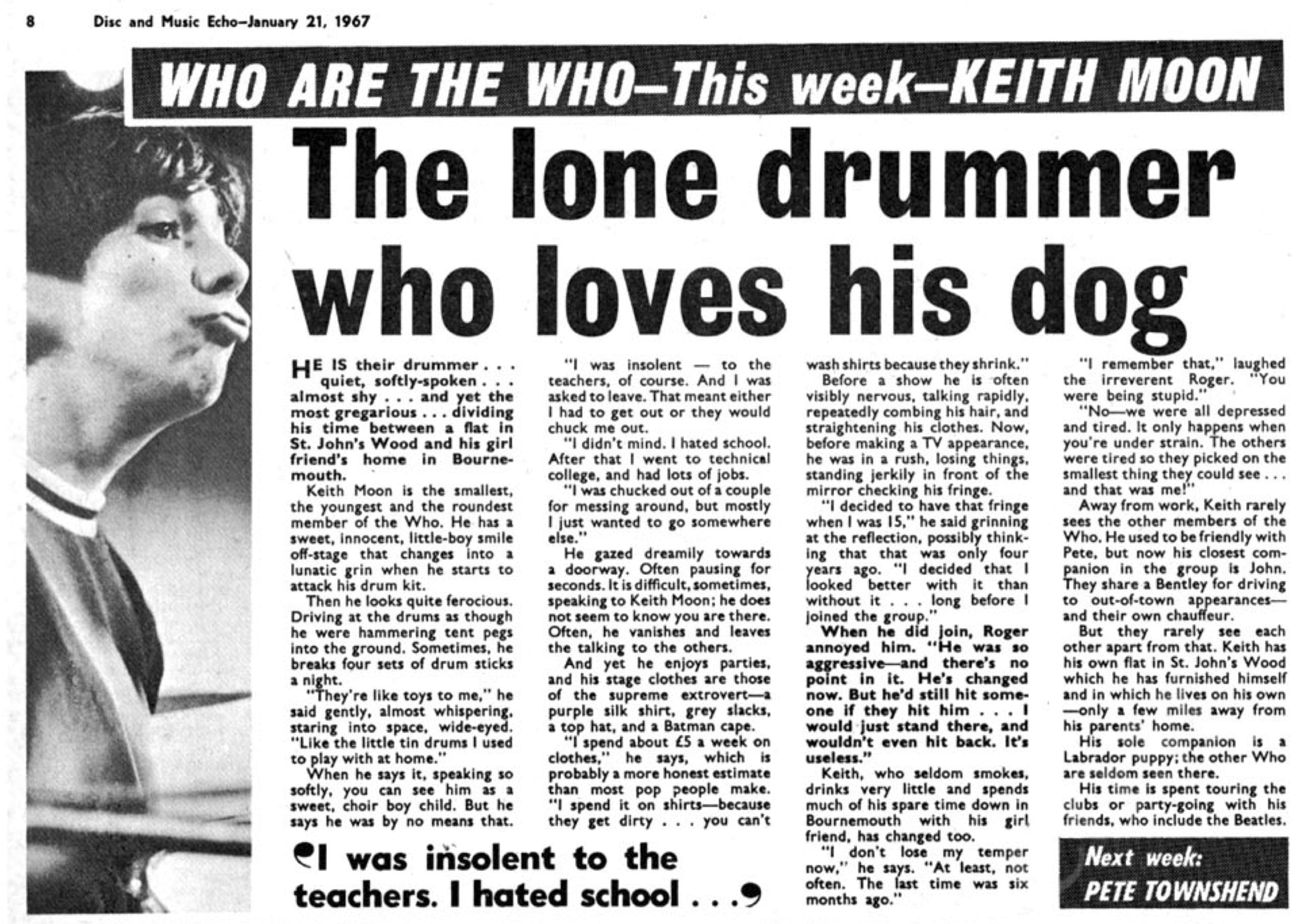 Keith Moon feature article in Melody Maker on January 21, 1967
