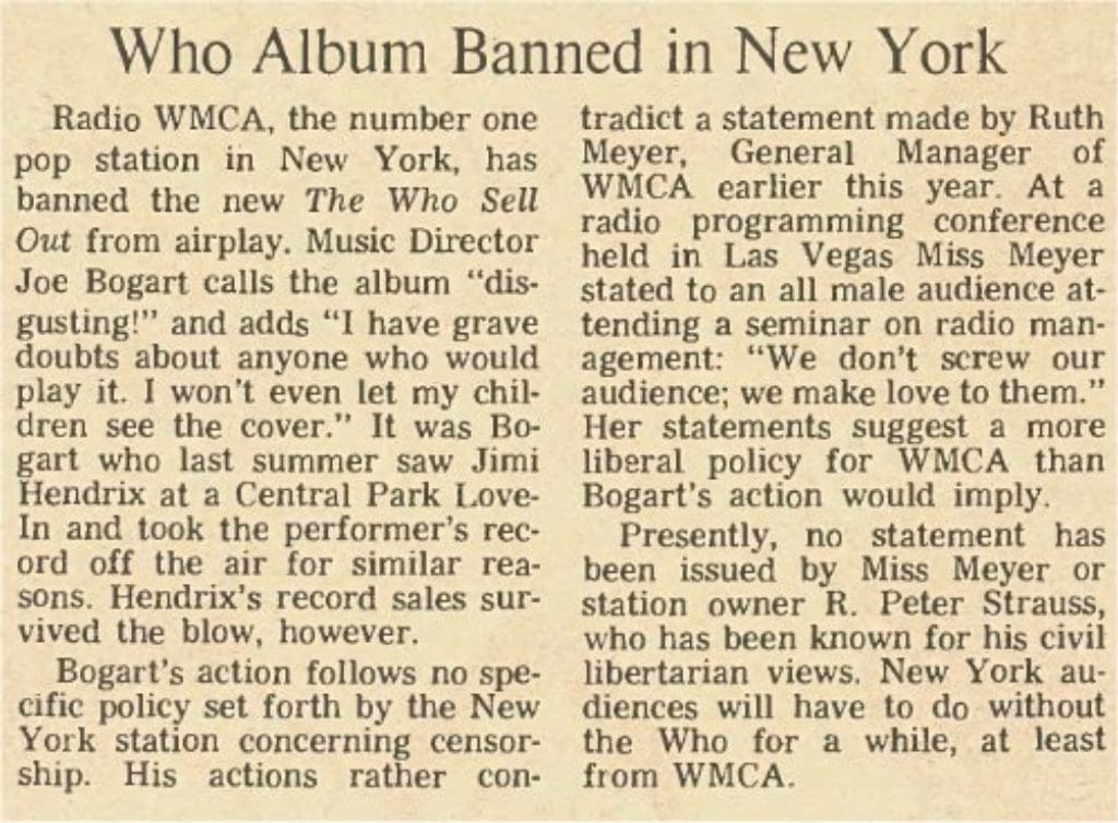 Rolling Stone magazine article entitled "Who Album Banned in New York" from February 10, 1968