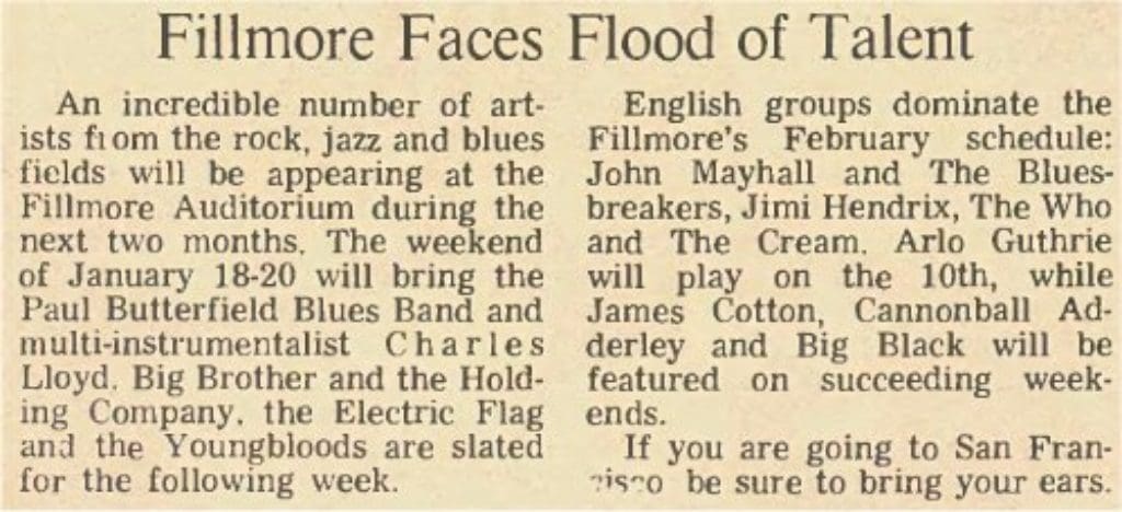 Rolling Stone magazine article entitled "Fillmore Faces Flood of Talent" from February 10, 1968