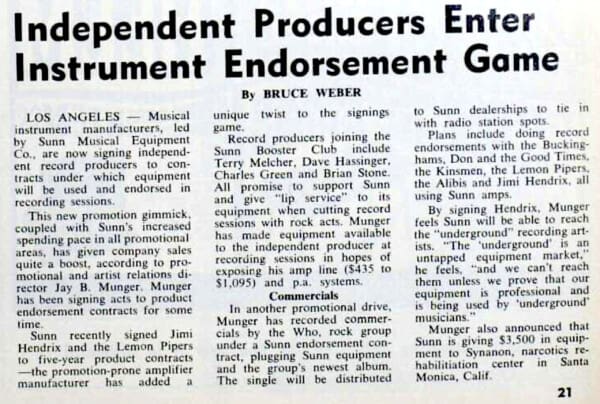 Billboard article from March 16, 1968 about Sunn recording an ad with The Who