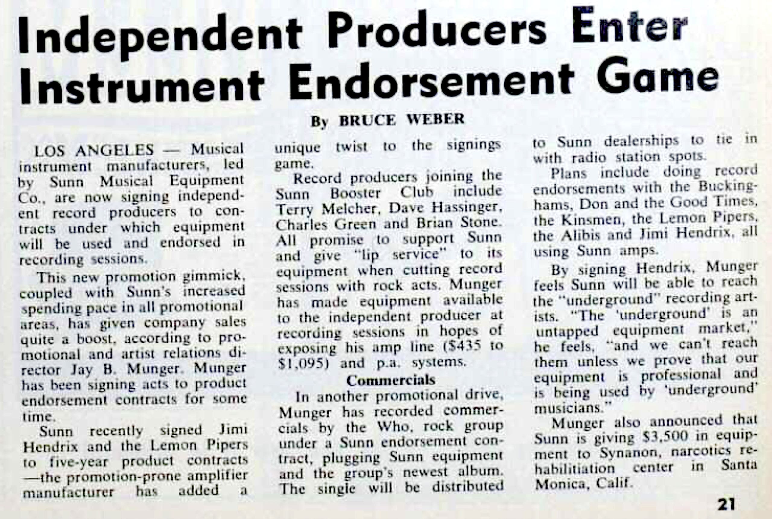 Billboard article from March 16, 1968 about Sunn recording an ad with The Who