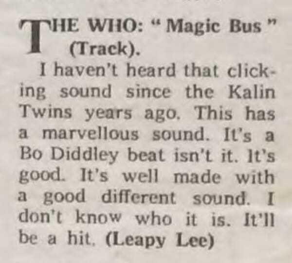 Melody Maker review of Magic Bus from December 28, 1968