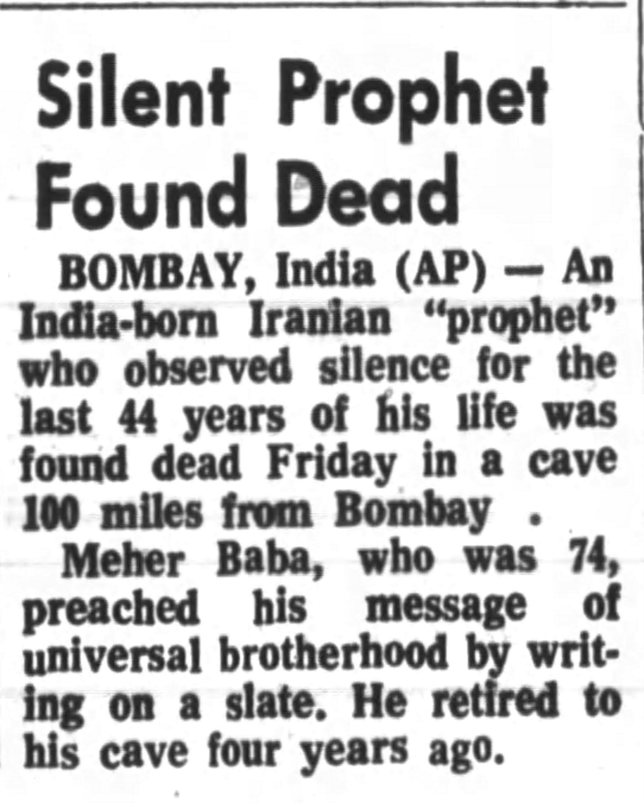 News report on the death of Meher Baba