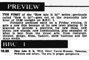 TV listing for March 14, 1969 with preview of "How Late It Is"