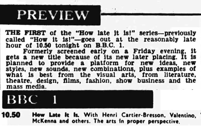 TV listing for March 14, 1969 with preview of "How Late It Is"