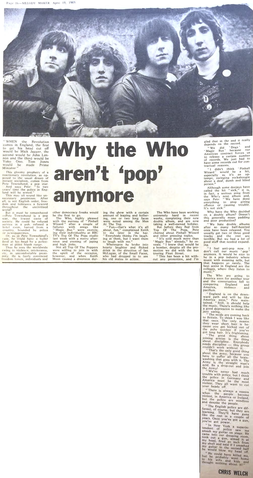 Melody Maker article "Why the Who aren't 'pop' anymore" from April 1, 1969