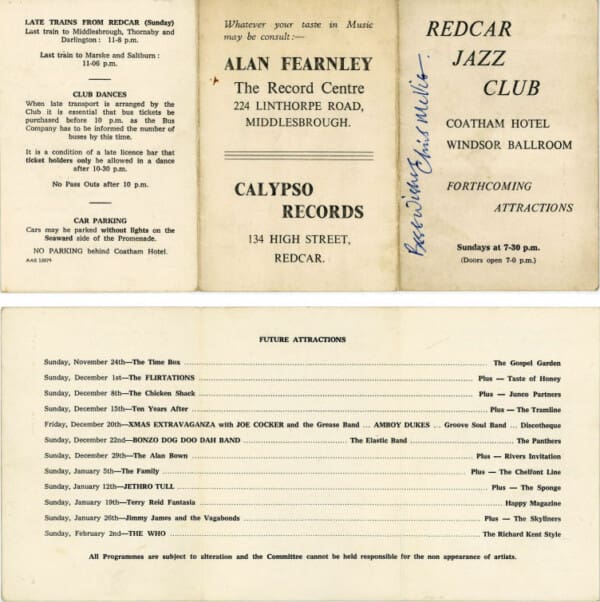 Program from the Redcar Jazz Club showing The Who coming on February 2, 1969