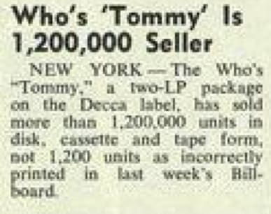 "Who's 'Tommy' Is 1,200,000 seller atrticle from Billboard magazine