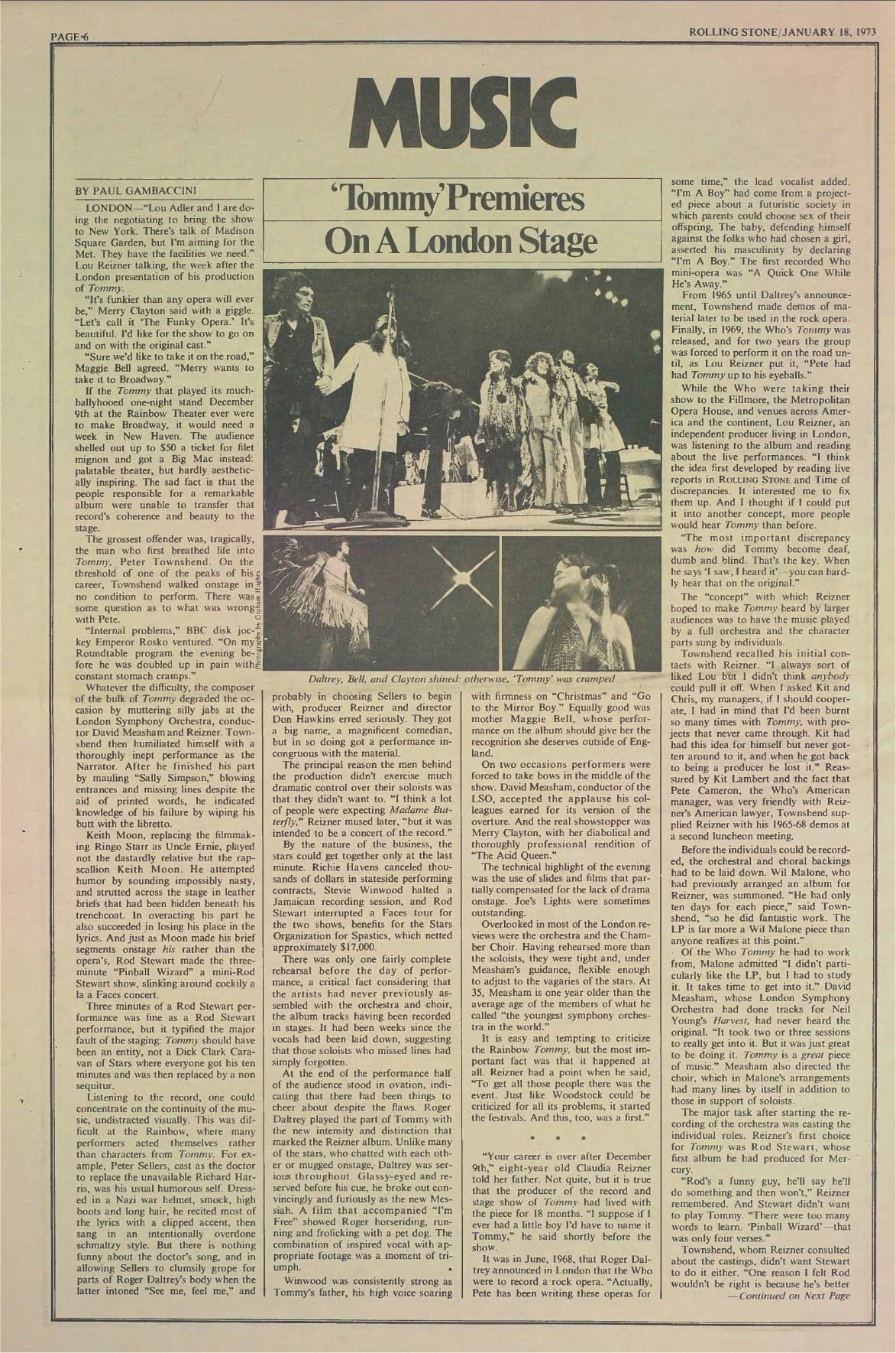 Rolling Stone magazine review of Tommy performance at the Rainbow Theatre on December 9, 1972