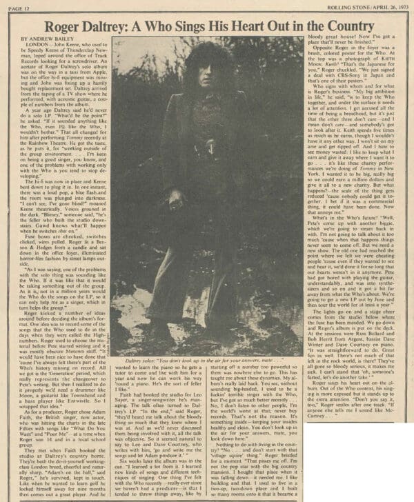 Rolling Stone magazine article on Roger Daltrey from April 26, 1973