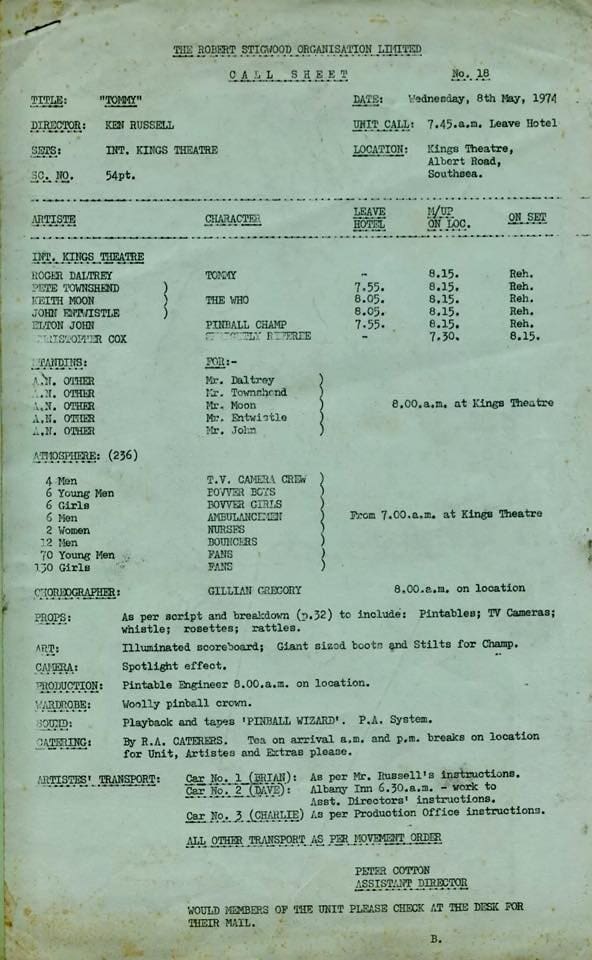 Call sheet for the filming of Tommy for May 8, 1974