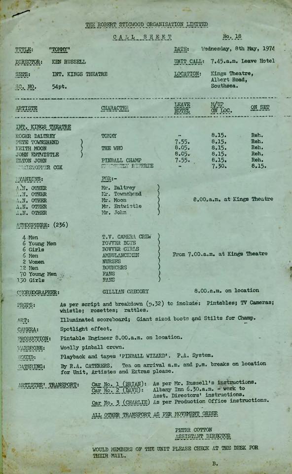 Call sheet for the filming of Tommy for May 8, 1974