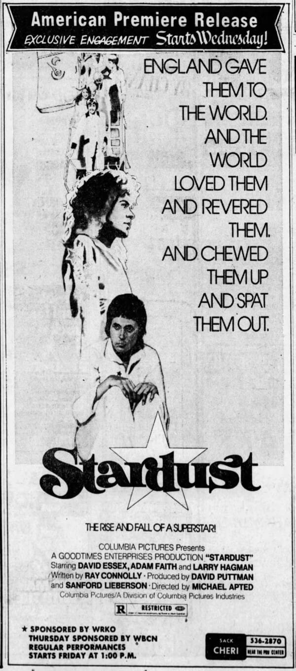 Ad for the U.S. Premier of Stardust on January 29, 1975 (From the Boston Globe on 01/26)