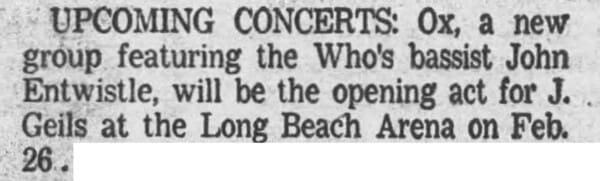 Los Angeles Times announcement for Ox in Long Beach on February 26, 1975