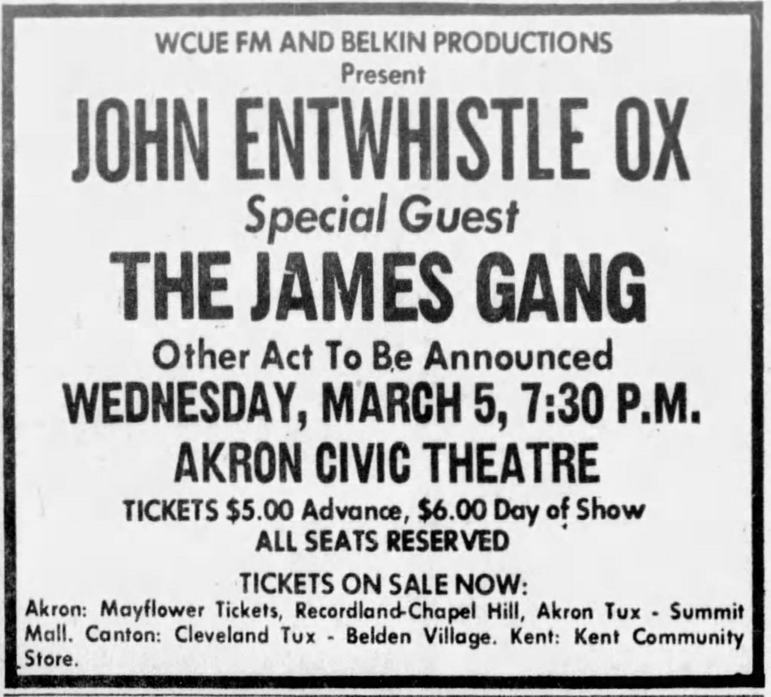 Ad for John Entwistle's March 5, 1975 concert