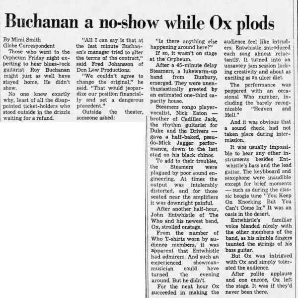 Boston Globe review of John Entwistle's concert on March 7. 1975
