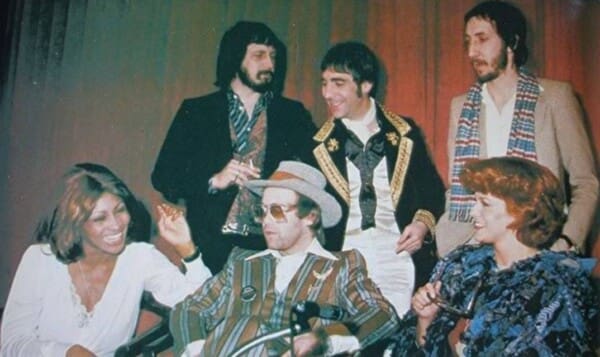 Pete Townshend, Keith Moon, John Entwistle, Tina Turner, Elton John and Ann Margret at a press conference for the Premiere of