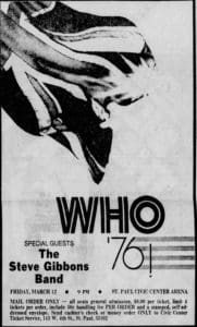 Ad for The Who's St. Paul concert on March 14, 1976, rescheduled from March 12