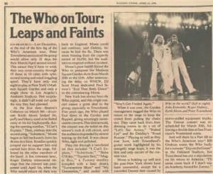 Article from the April 22, 1976 Rolling Stone magazine titled "The Who on Tour: Leaps and Faints"