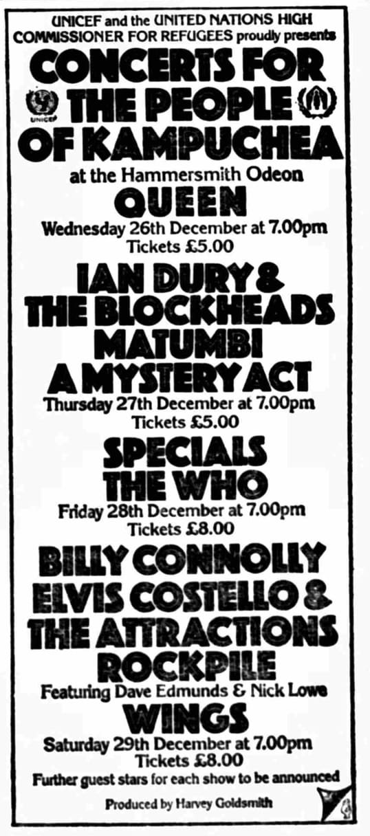 Ad for "Concerts for the People of Kampuchea"