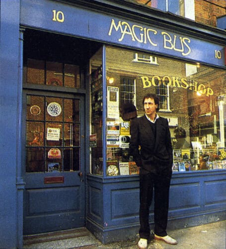 Pete Townshend in front of the Magic Bus Bookstore