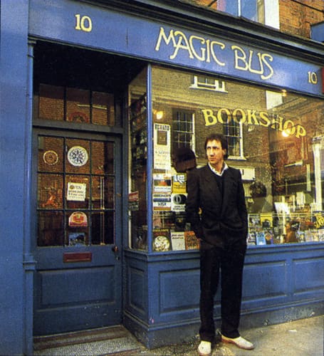 Pete Townshend in front of the Magic Bus Bookstore