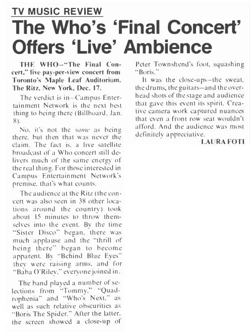 Article from Billboard Magazine entitled "The Who's Final Concert Offers Live Abiennce from January 22, 1983