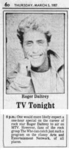 TV listing for Roger Daltrey documentary on A&E on March 5, 1987