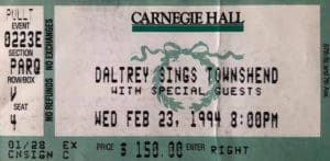 Ticket from "Daltrey Sings Townshend" concert on February 23, 1004 at Carnegie Hall