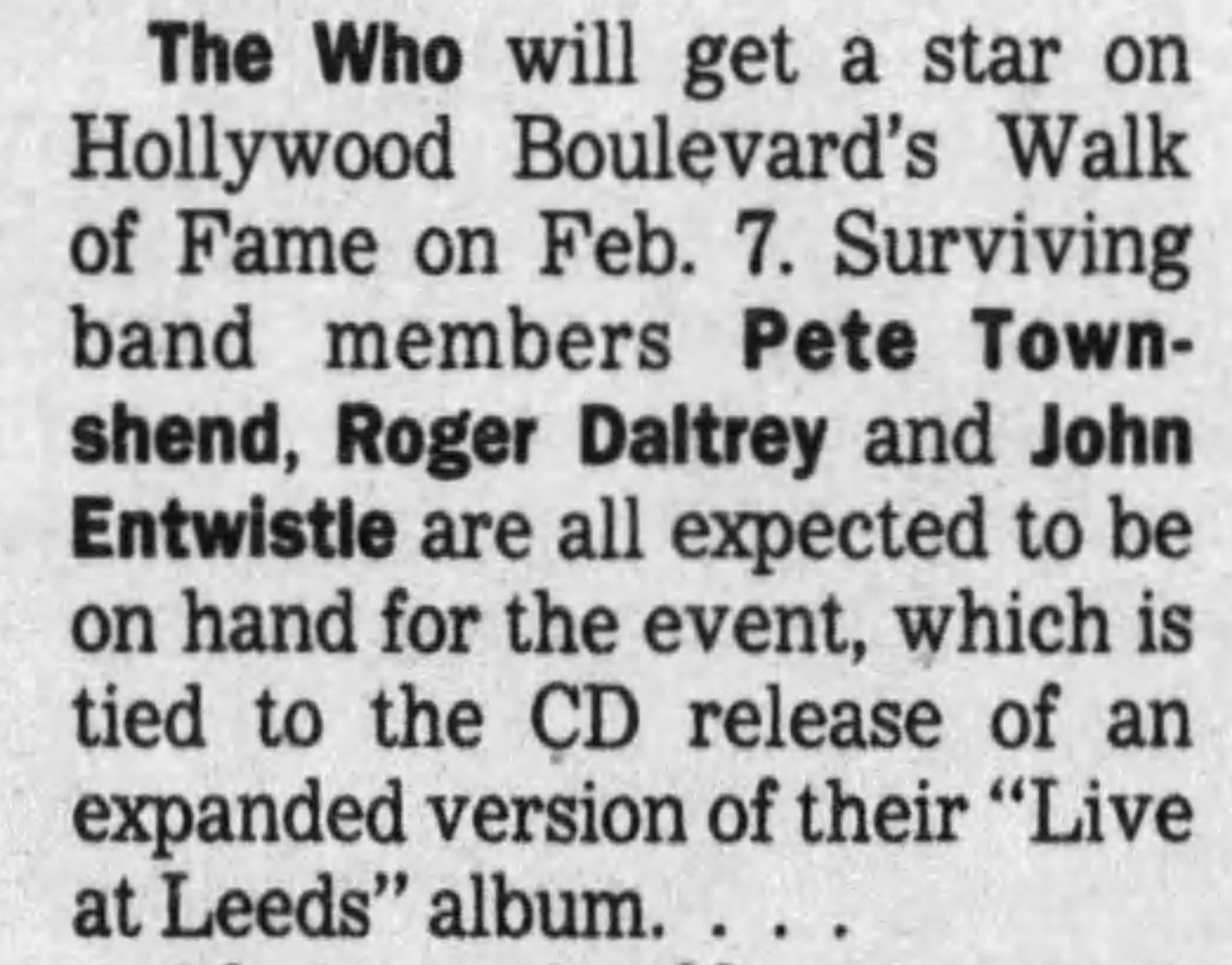 Los Angeles Times article about The Who receiving star on Hollywood Walk of Fame