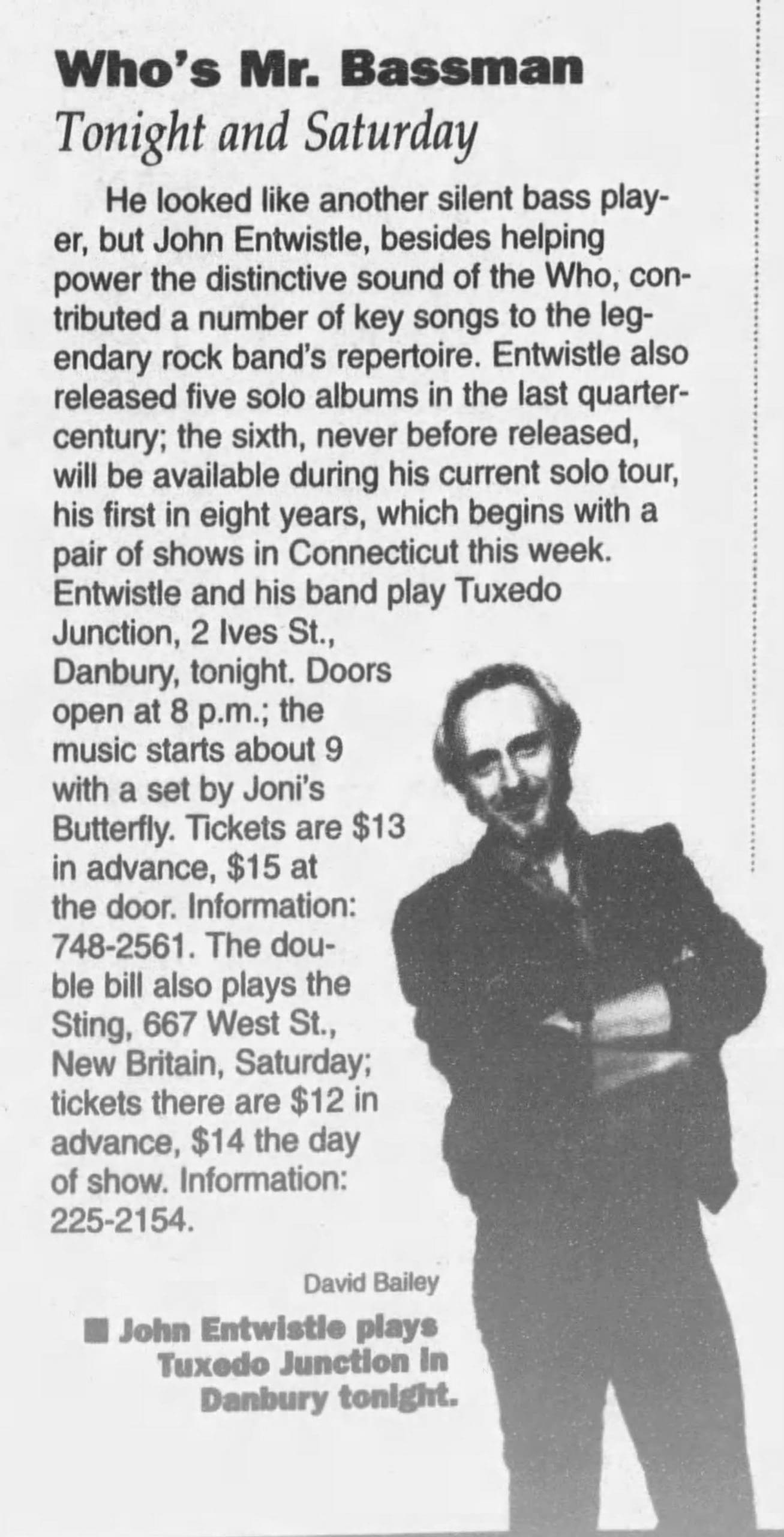 Preview of John Entwistle show at Tuxedo Junction on January 25, 1996