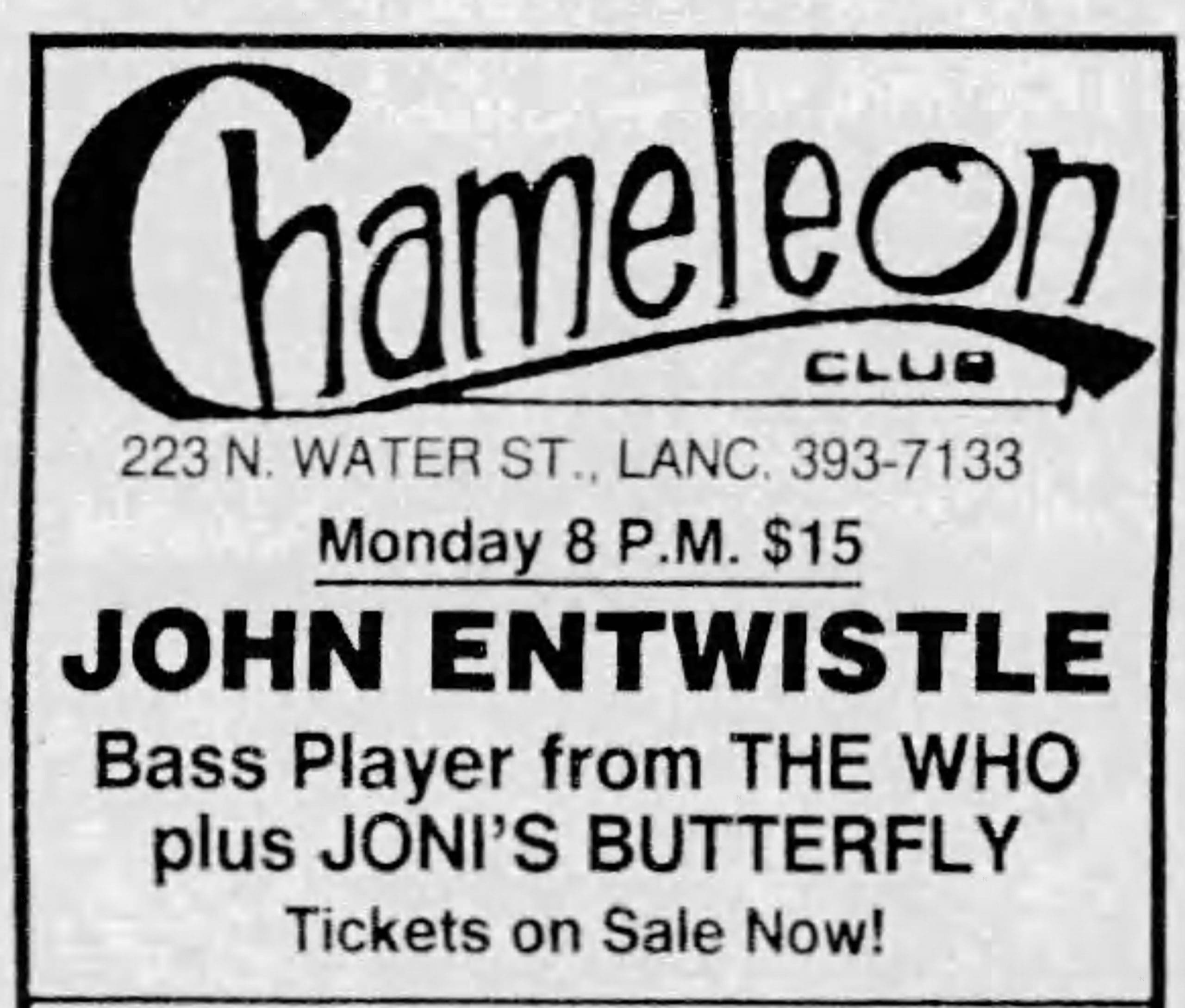 Ad for John Entwistle at The Chameleon on January 29, 1996
