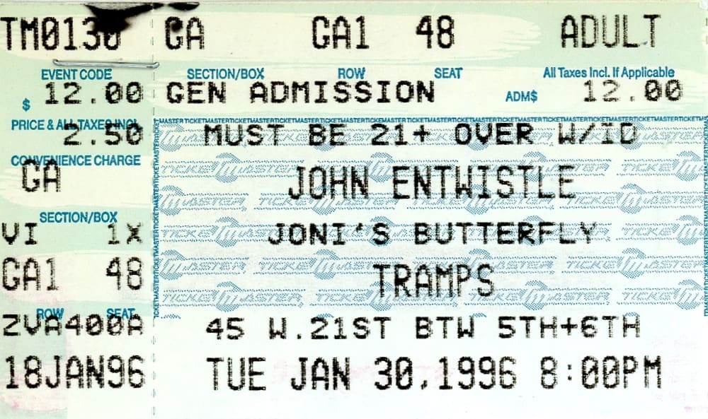 Ticket to John Entwistle's January 30, 1996 concert at Tramps in New York City