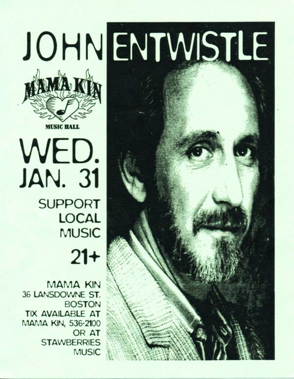 Flyer for John Entwistle's January 31, 1996 show at Mama Kin Music Hall