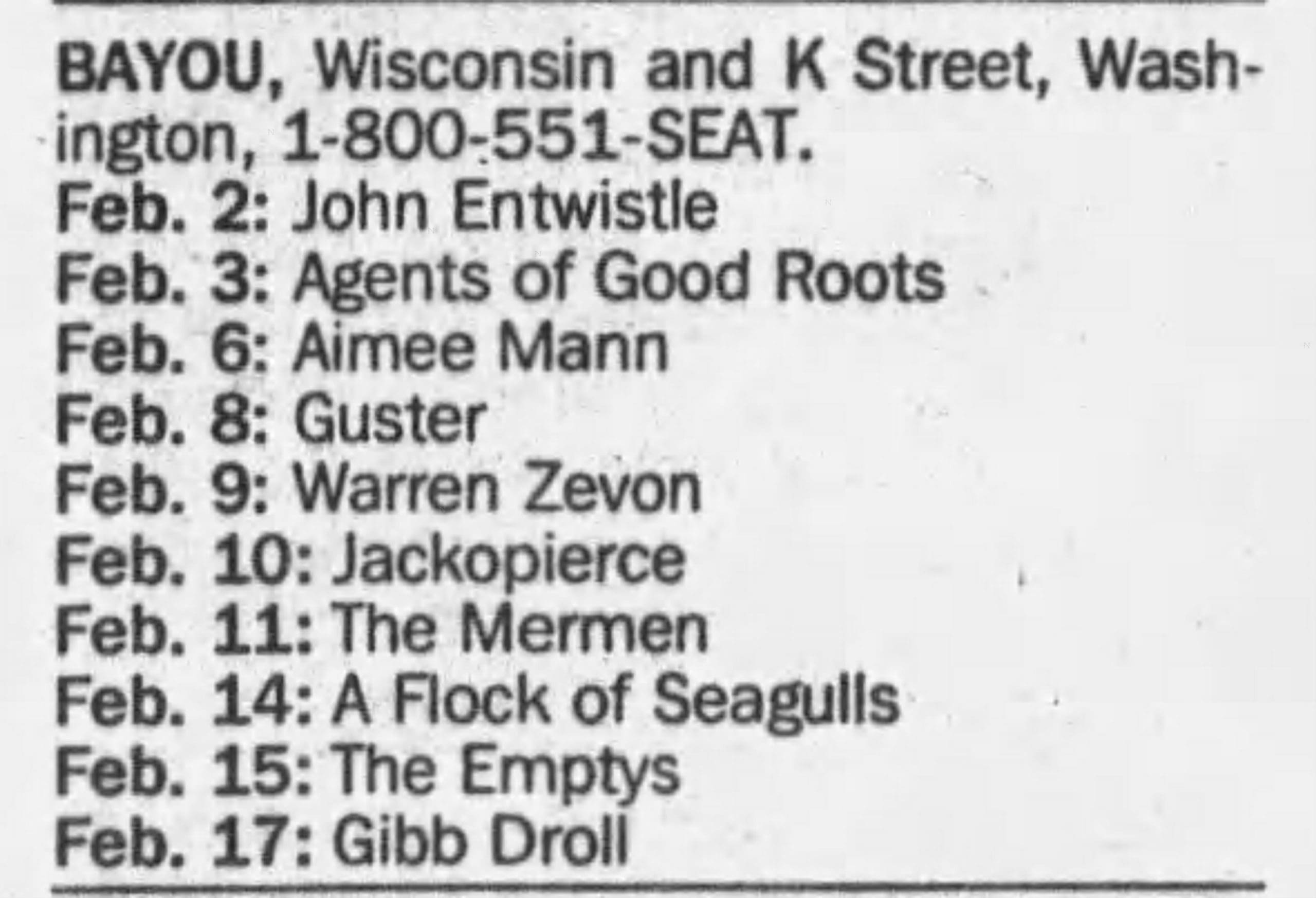 Newspaper clip showing John Entwistle at The Bayou on February 2, 1996