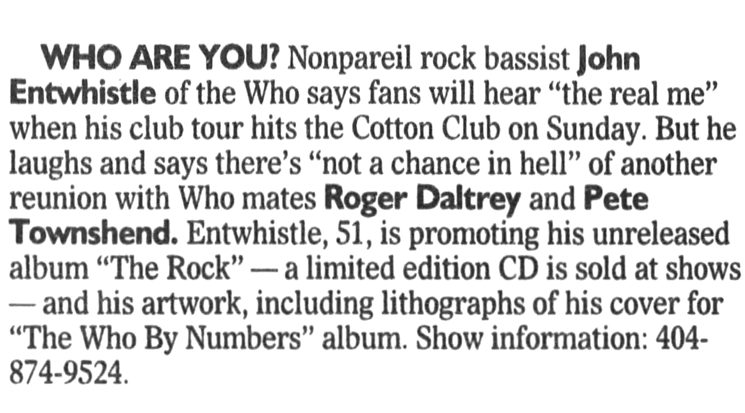 The Atlanta Constitution mention of John Entwistle's show on February 18, 1996