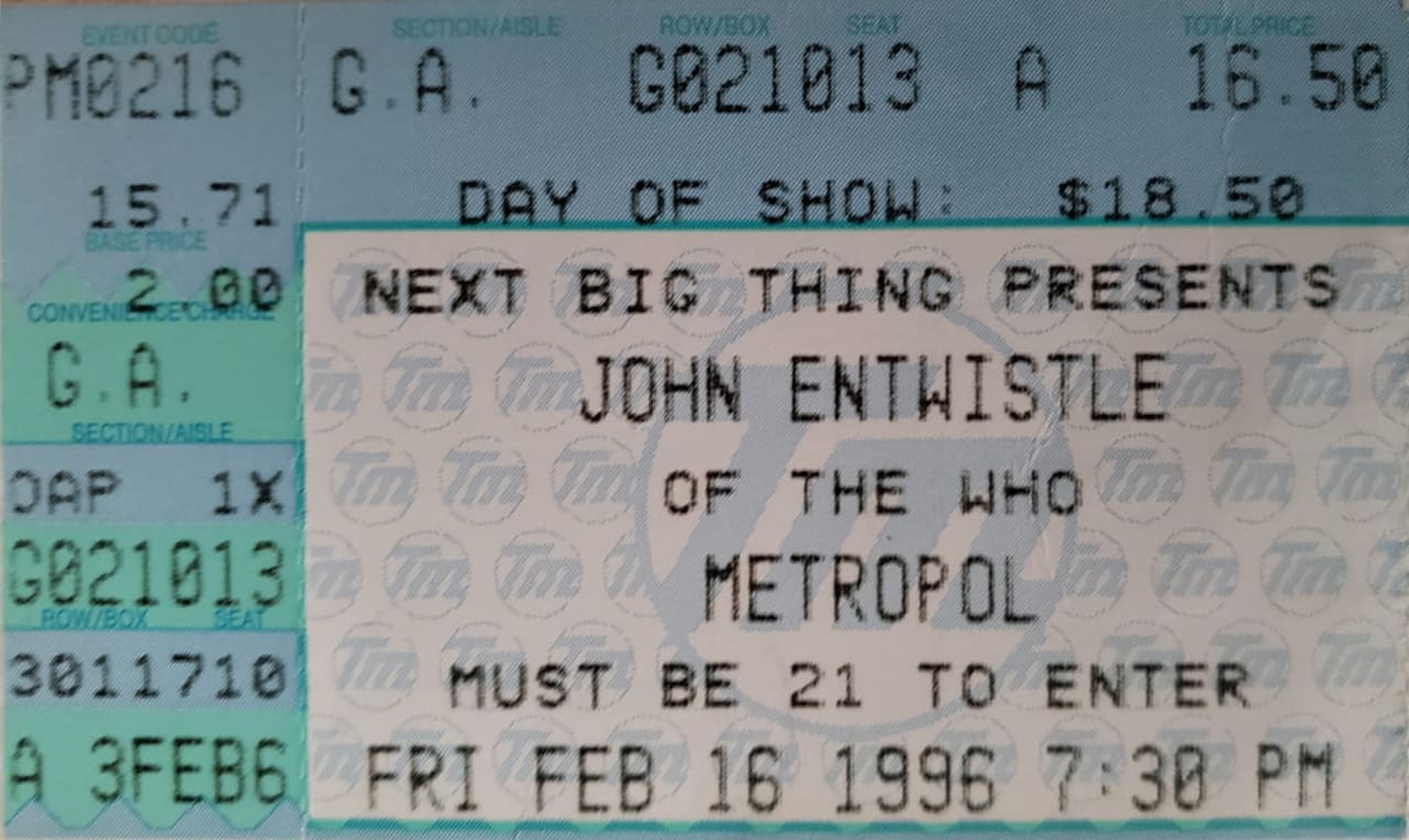Ticket for John Entwistle's concert on February 16, 1996