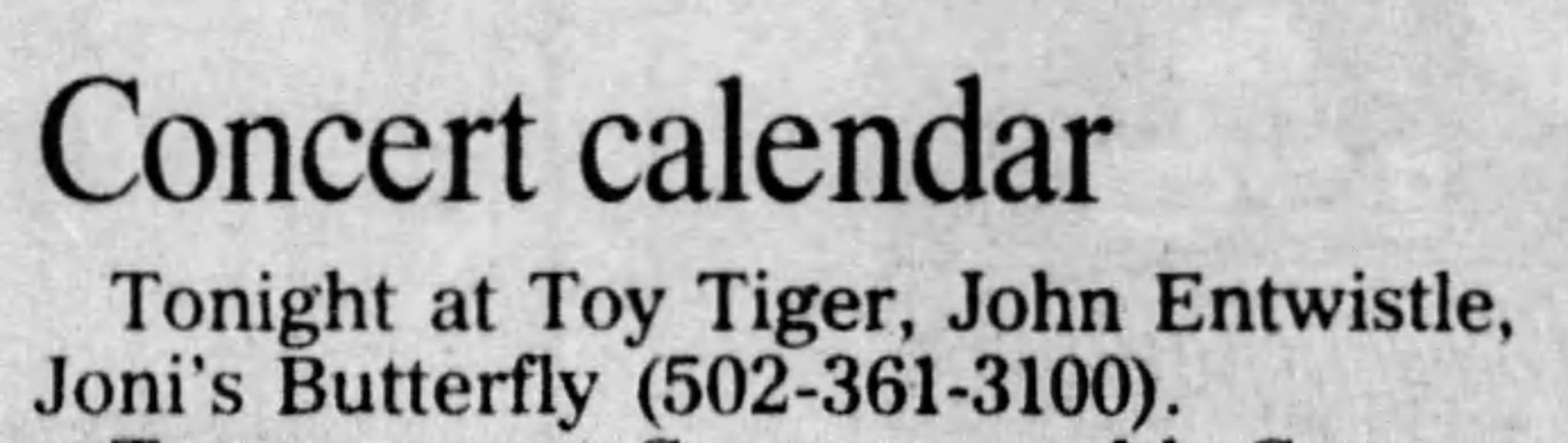 Concert calendar for John Entwistle's February 17, 1996 concert in Louisville, Kentucky