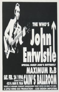 Poster for John Entwistle's February 24, 1996 concert at Cain's Ballroom in Tulsa