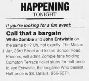 Newspaper clip from the Arizona Republic about John Entwistle's March 6, 1996